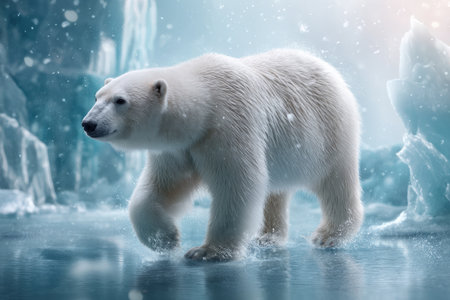 Majestic polar bear walking on icy terrain in arctic environment.の写真素材