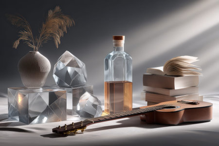 Still life composition with guitar, books, crystal objects, vase, and open book in dramatic...
