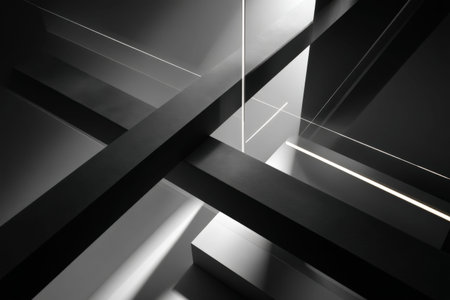 Abstract geometric composition with intersecting black and gray structures.