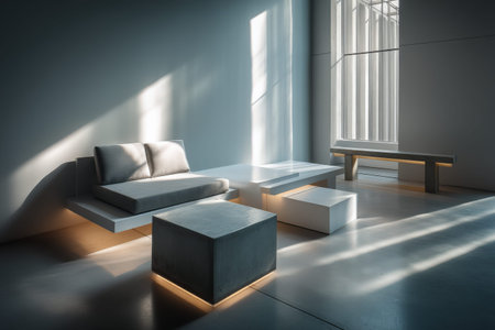 Modern minimalist living room interior with sunlight and geometric furniture.