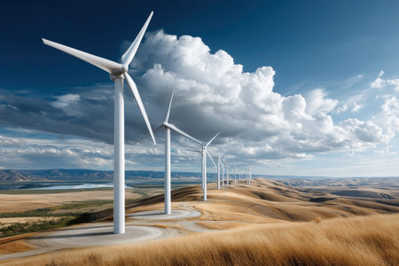 Wind turbines on rolling hills under dramatic cloudy sky.