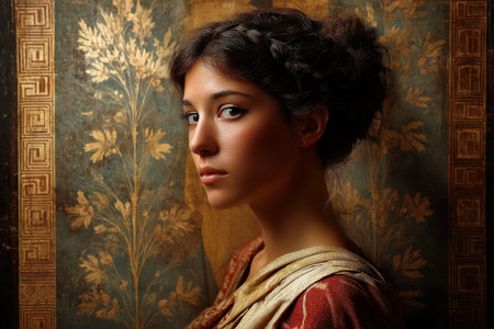 Young caucasian female in historical setting with ornate background.