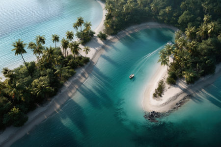 Aerial tropical island lagoon with boat and palm trees in pristine water.