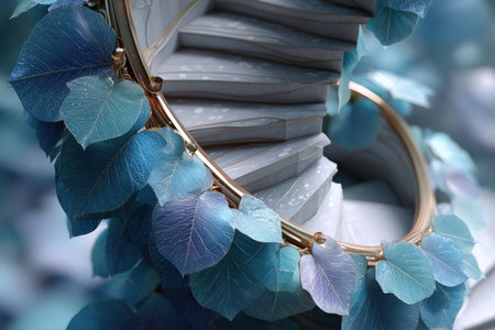 Blue leaf spiral: exquisite abstract art with golden accents.
