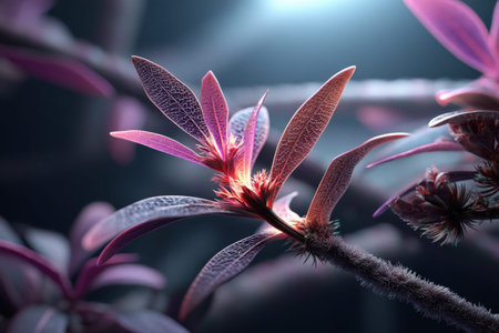 Mystical glow of pink leaves in dark ambient light.