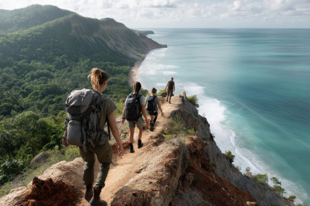 Group hiking along scenic coastal cliff path with ocean view.