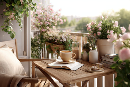 Cozy balcony with coffee and books surrounded by blooming flowers.