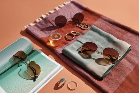Stylish sunglasses and accessories on colorful blanket with drink and magazine.