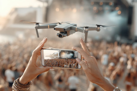 Drone capturing outdoor concert with crowd and smartphone perspective.の写真素材