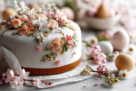 Elegant floral cake with delicate icing flowers and pastel easter eggs.