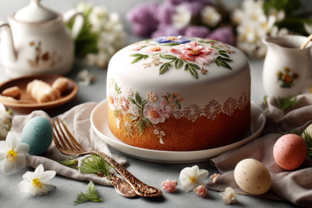 Elegant floral cake with pastel eggs and tea set on rustic table setting.