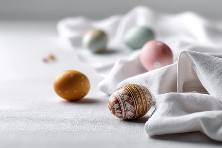 Colorful decorated easter eggs on white fabric.