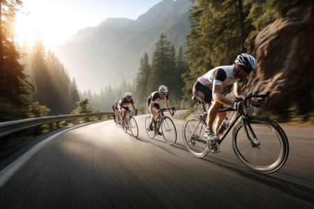 Team of cyclists racing on mountain road at sunrise.