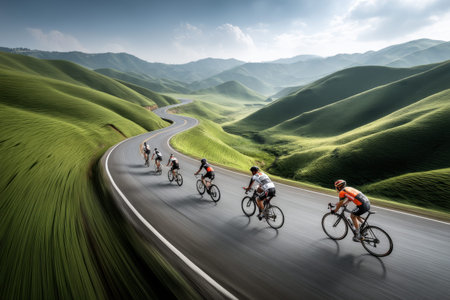 Cyclists racing through scenic mountain road in lush green hills under blue sky.