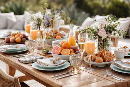 Elegant outdoor brunch with fresh fruits and pastries on wooden table.