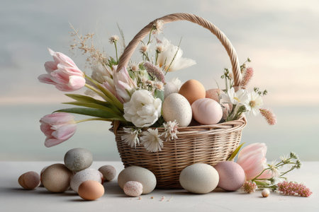 Spring basket with painted eggs and pastel flowers on a soft background.