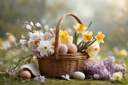 Spring bloom basket with daffodils tulips and easter eggs in a lush garden setting.