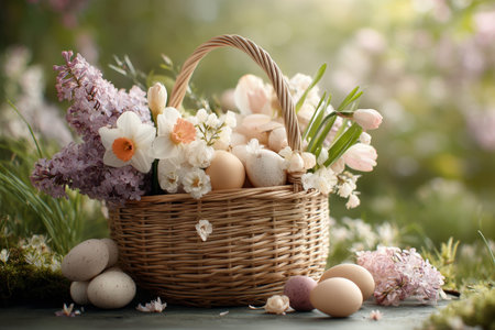 Easter basket with spring flowers and eggs in sunlit garden.