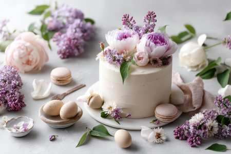 Elegant white cake with flowers and macarons surrounded by lilacs and roses.