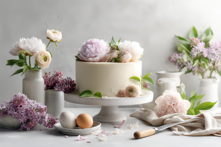 Elegant floral cake with peonies and lilac on rustic table setting.