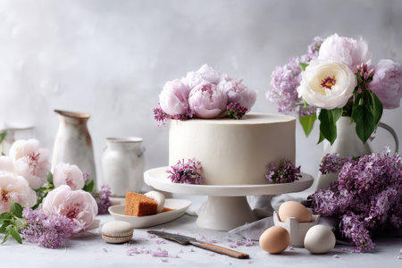 Elegant white cake adorned with peonies and lilacs on a rustic table setting.