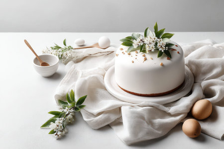 Elegant floral white cake on table with eggs and leaves.