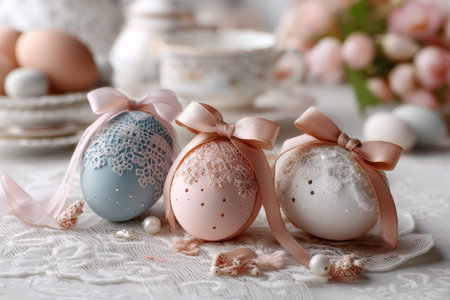 Elegant pastel easter eggs with lace and ribbons on lace tablecloth.