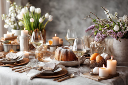 Elegant spring table setting with candles, wine, and floral decorations.