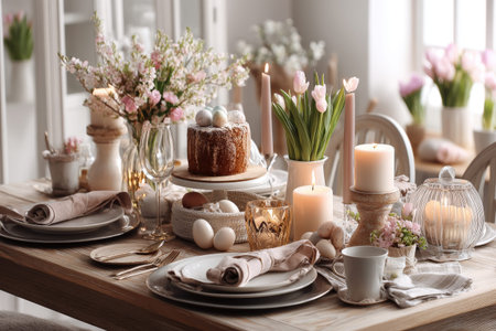 Elegant spring-inspired dining table with floral decorations and candles.