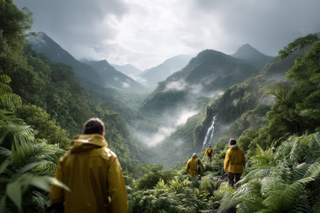 Group of adventurers exploring misty mountain valley with waterfall and lush greenery.