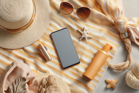 Beach essentials: smartphone, sunscreen, and summer accessories on striped towel.