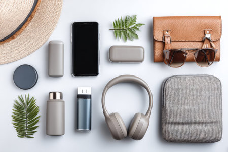 Flat lay of travel essentials: smartphone, headphones, bag, sunglasses, and accessories.