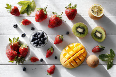 Assorted fresh tropical fruits with strawberries, mango, kiwi, and blueberries on white wooden table.の写真素材