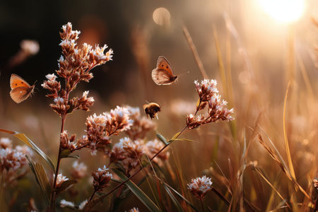 Butterflies and bees among wildflowers at sunset in a serene meadow.