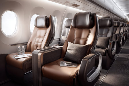 Luxurious business class cabin with leather seats and amenities on modern airplane.