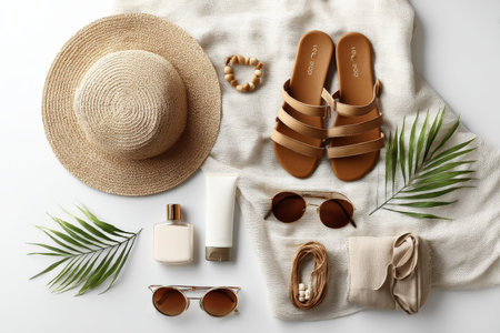 Summer fashion accessories flat lay with hat, sunglasses, and sandals on white background.