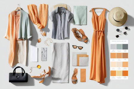 Summer fashion collection: orange and neutral tones for chic women's style.