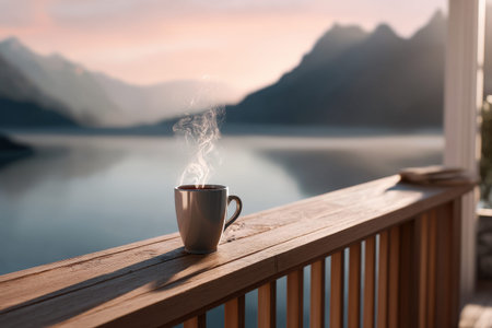 Tranquil morning with steaming coffee mug on wooden balcony overlooking serene lake and mountains.