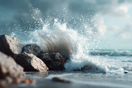 Dramatic ocean waves crashing on rocky shoreline under cloudy sky.