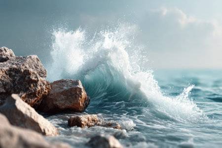 Powerful ocean waves crashing against rocky shoreline under a cloudy sky.