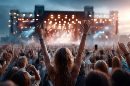 Young caucasian female enjoying live music at outdoor concert festival.