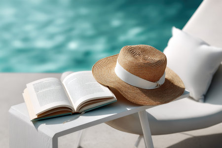 Straw hat and open book by poolside chair for relaxing summer day.