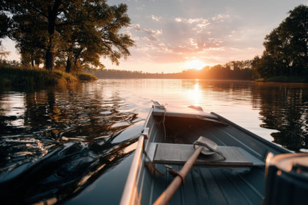 Peaceful sunset boat ride on serene lake with oars and trees.