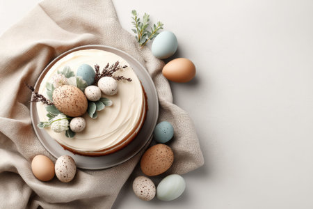 Elegant easter cake with speckled eggs and floral decorations on linen fabric.