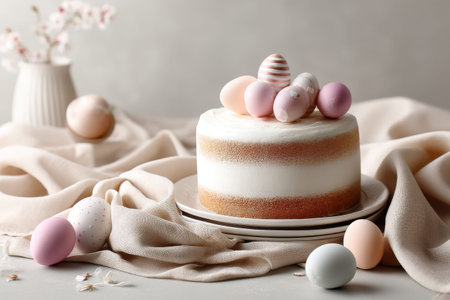 Elegant white layer cake topped with pastel easter eggs on soft fabric background.