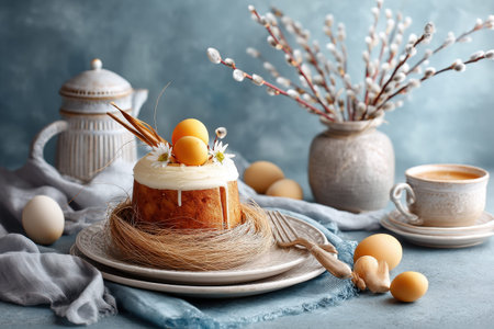 Easter cake with eggs and willow branches on rustic table setting.