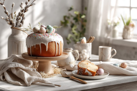 Festive easter cake with icing and decorative eggs on a cozy spring table.
