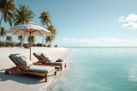 Serene tropical beach with lounge chairs and umbrellas by crystal blue sea.