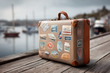 Vintage suitcase with travel stickers on wooden dock overlooking lake.