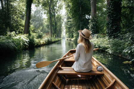 Young caucasian female navigates serene forest waterway in wooden boat.